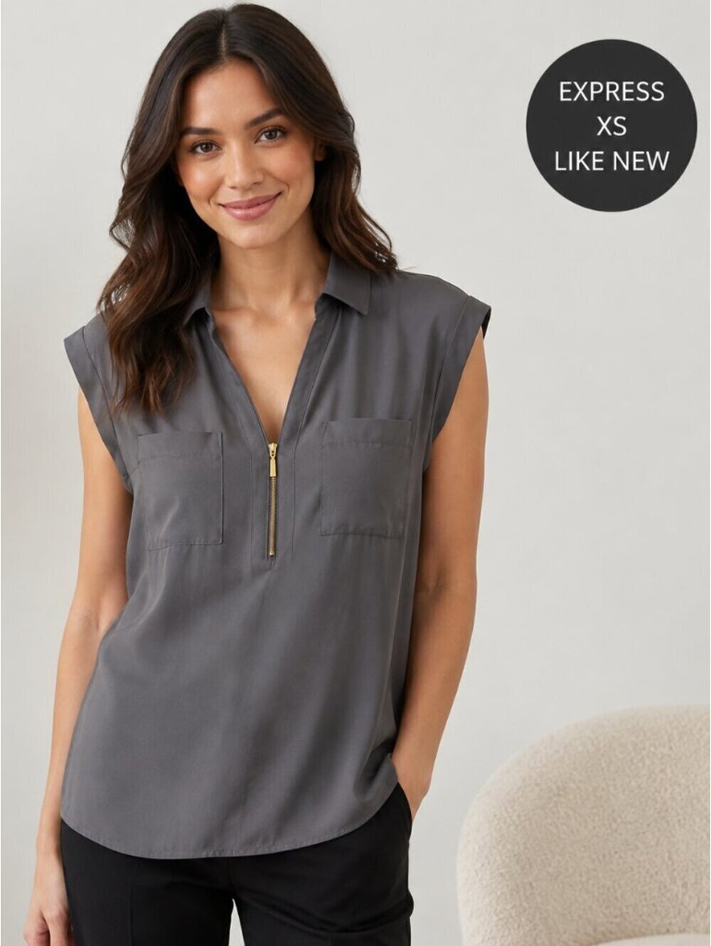 New Without Tags | Express | Sz XS | Gray Zip-Front Sleeveless Blouse